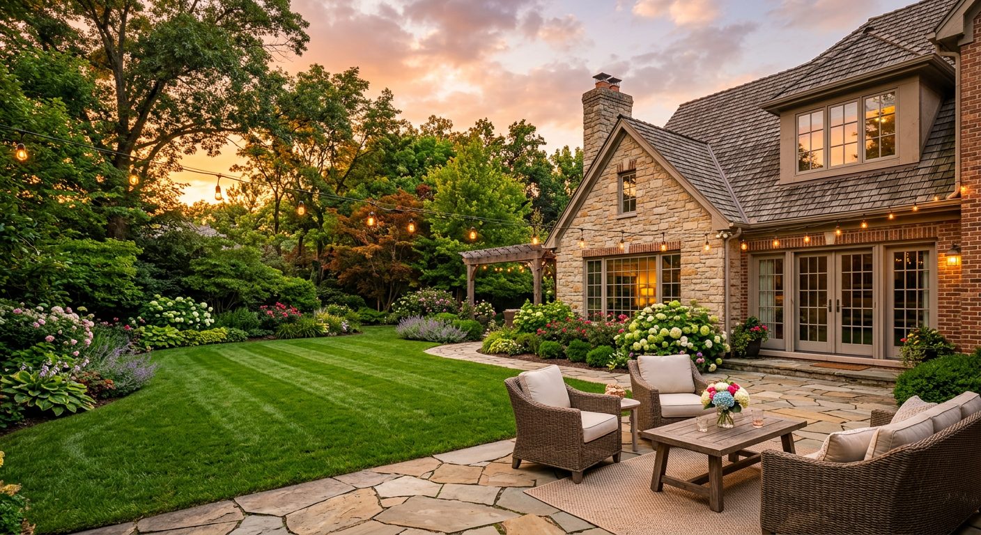 Landscaped backyard with stone patio and mature trees
